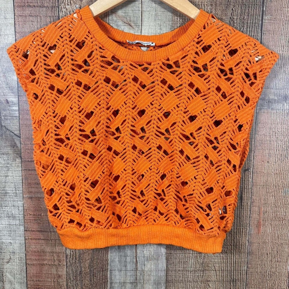 Zara Orange Open Knit Crochet Crop Top Sleeveless Sweater Vest Womens Medium - Picture 2 of 7